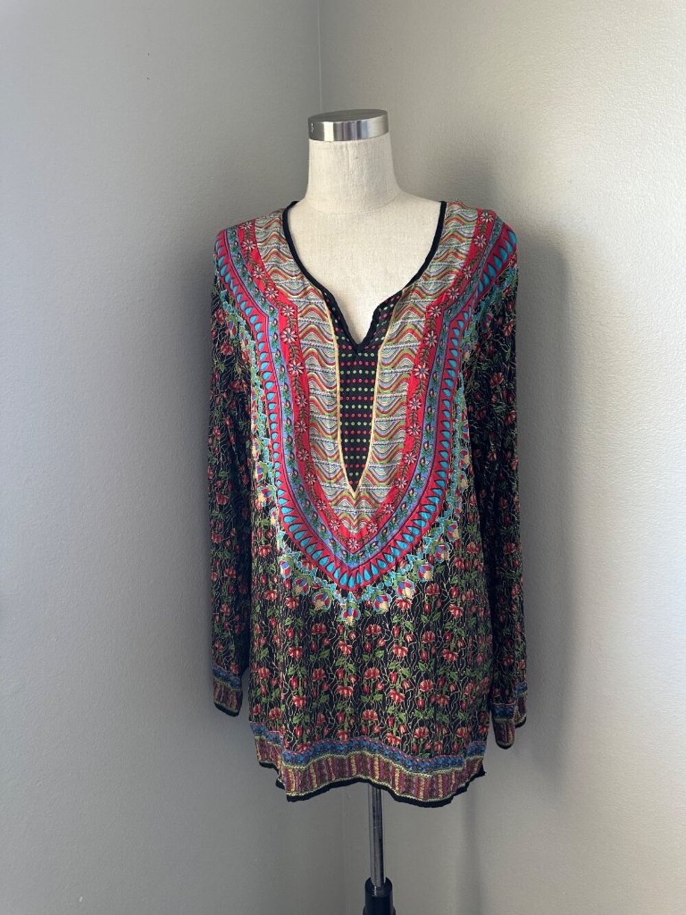 Tolani Silk Tunic V Neck Boho Lightweight Semi Sheer Floral Print Multicolor XL